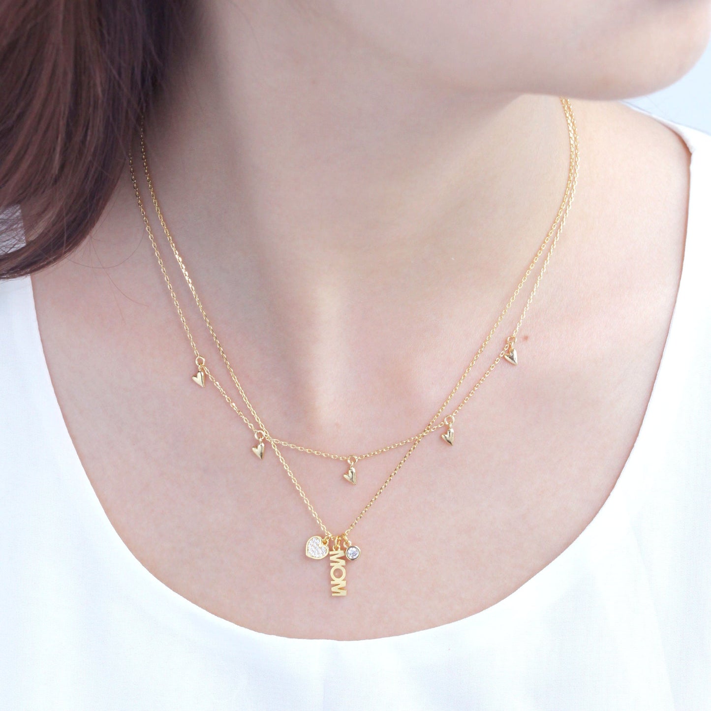 Mom Letter Heart Cubic Zirconia 3 Charms Necklace