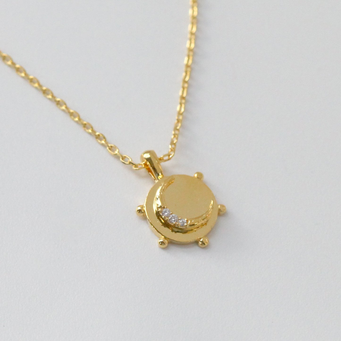 Tiny Coin Disk Crescent Moon CZ Necklace