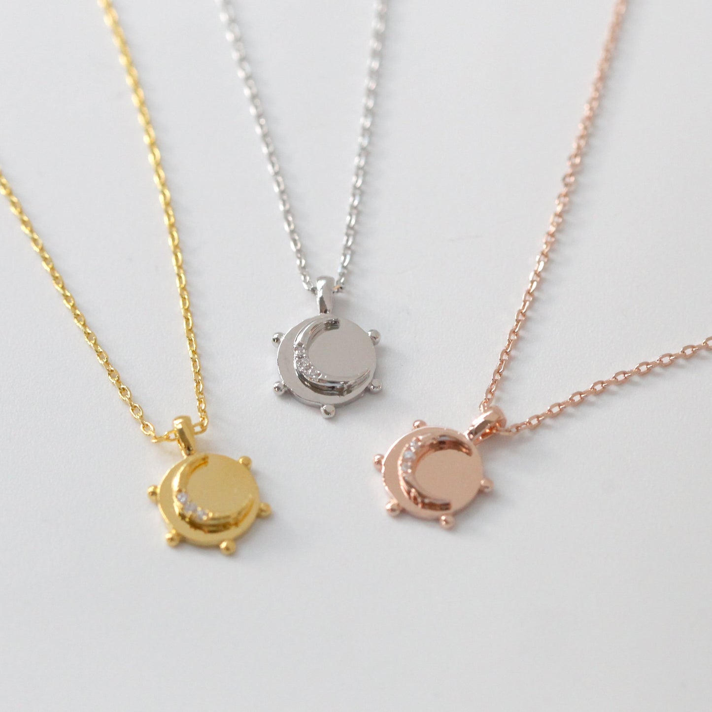 Tiny Coin Disk Crescent Moon CZ Necklace