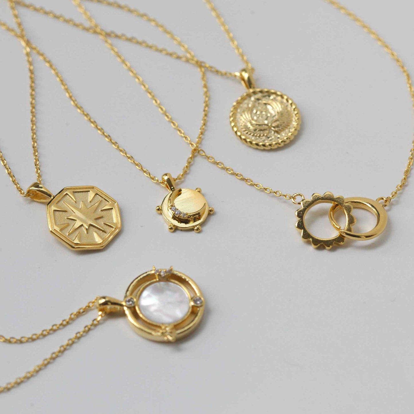 Tiny Coin Disk Crescent Moon CZ Necklace