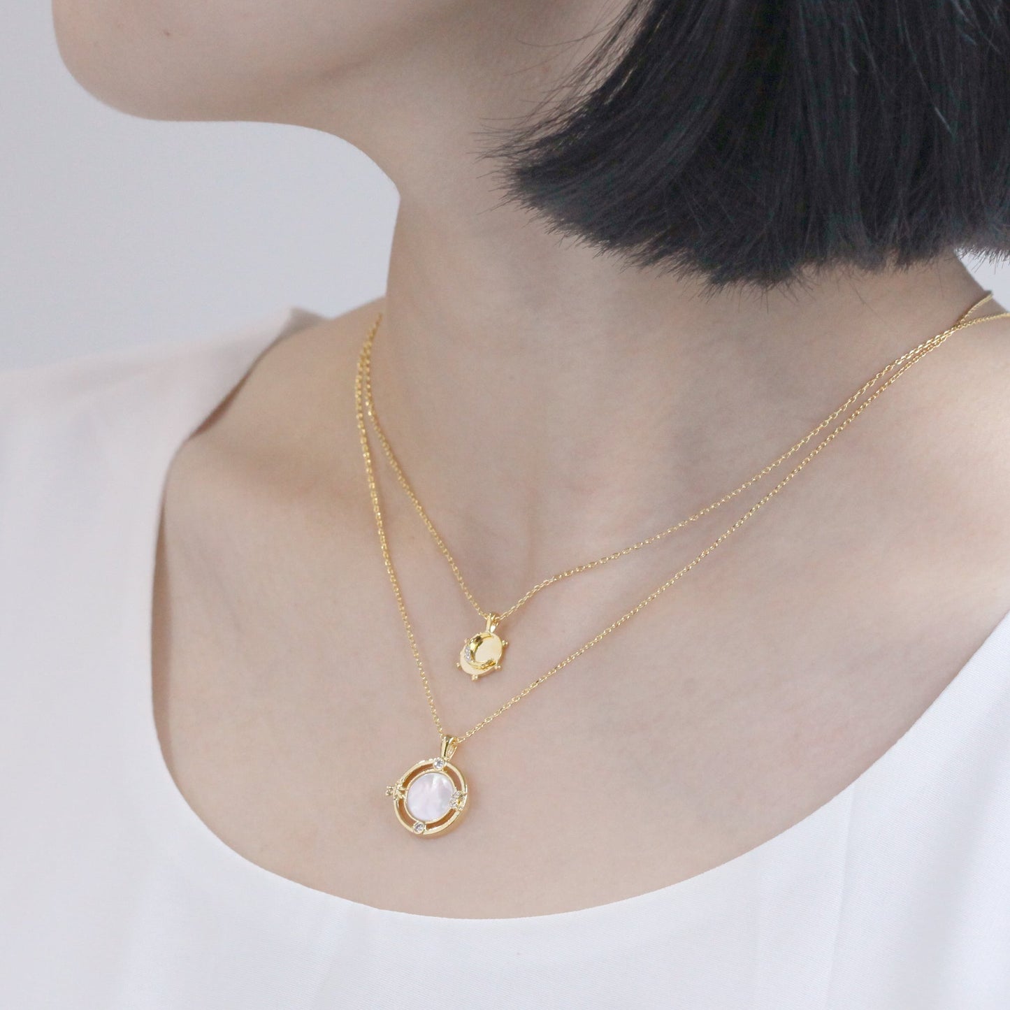 Tiny Coin Disk Crescent Moon CZ Necklace