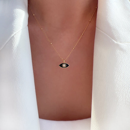 Hamsa Eye Oval Charm Necklace Tiny Bead Ball Dot Chain