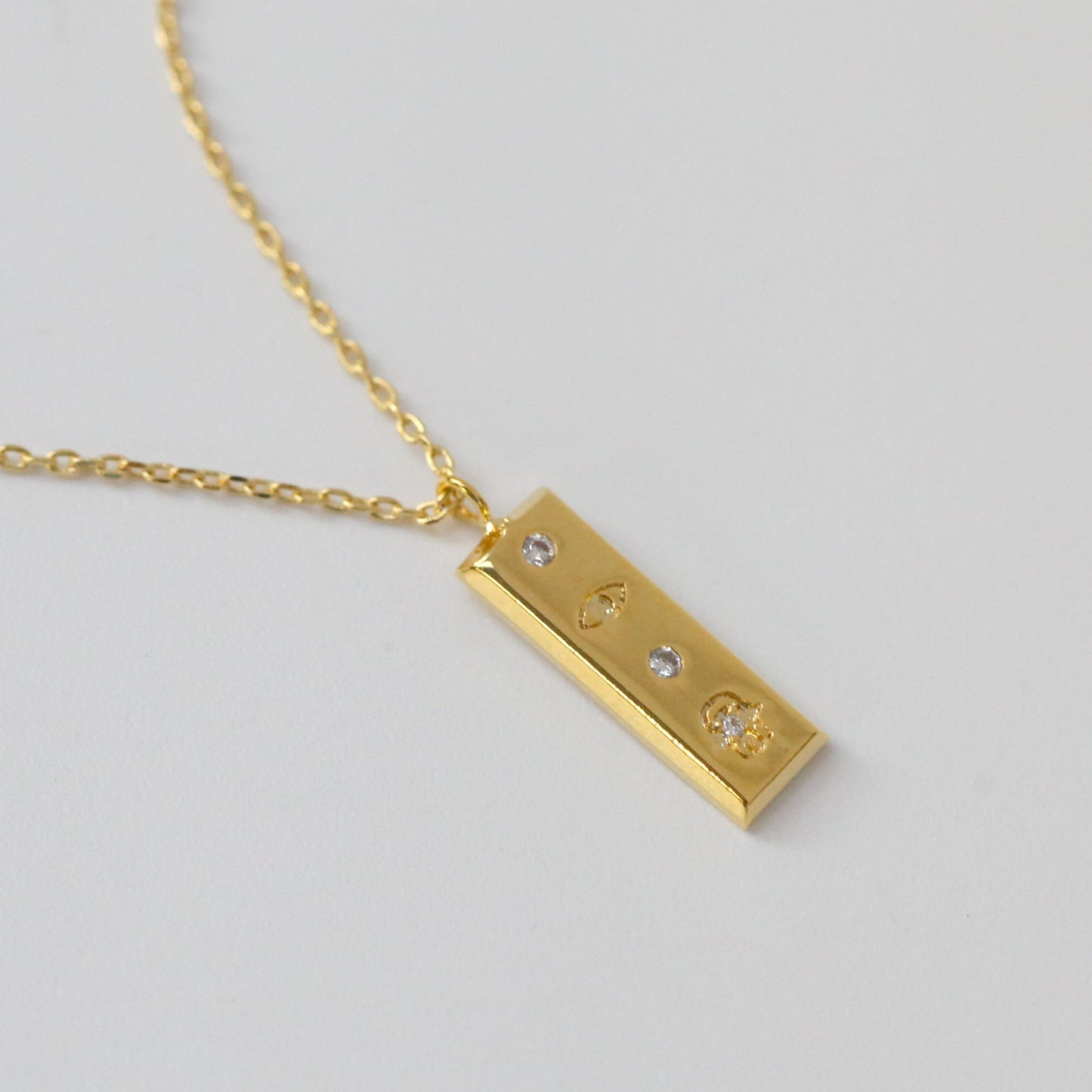 Gold Bar Rectangle Tag Hamsa Hand Eye Necklace