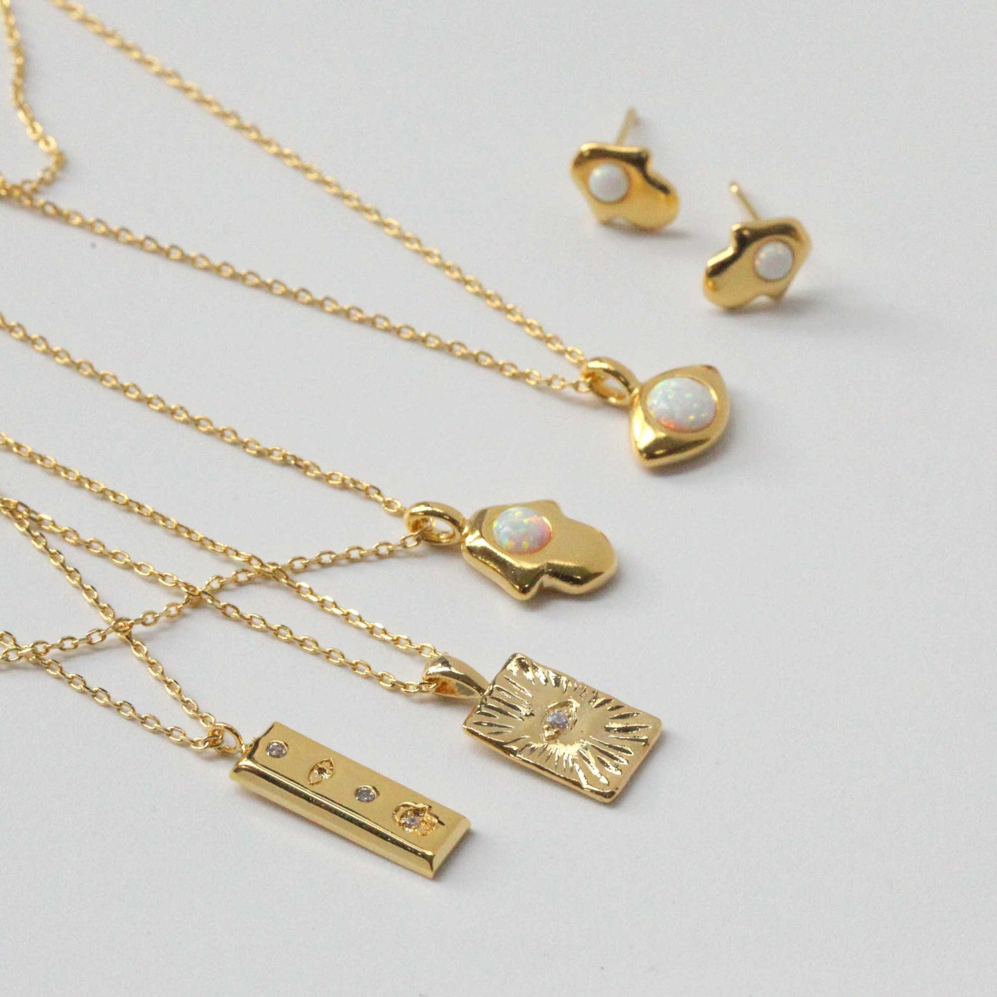 Gold Bar Rectangle Tag Hamsa Hand Eye Necklace