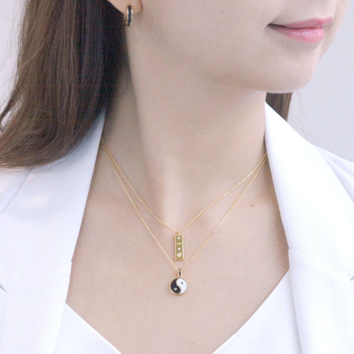 Gold Bar Rectangle Tag Hamsa Hand Eye Necklace