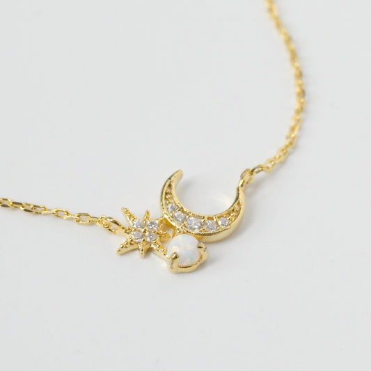 Moon Star Pearl Opal Stone Stud Necklace