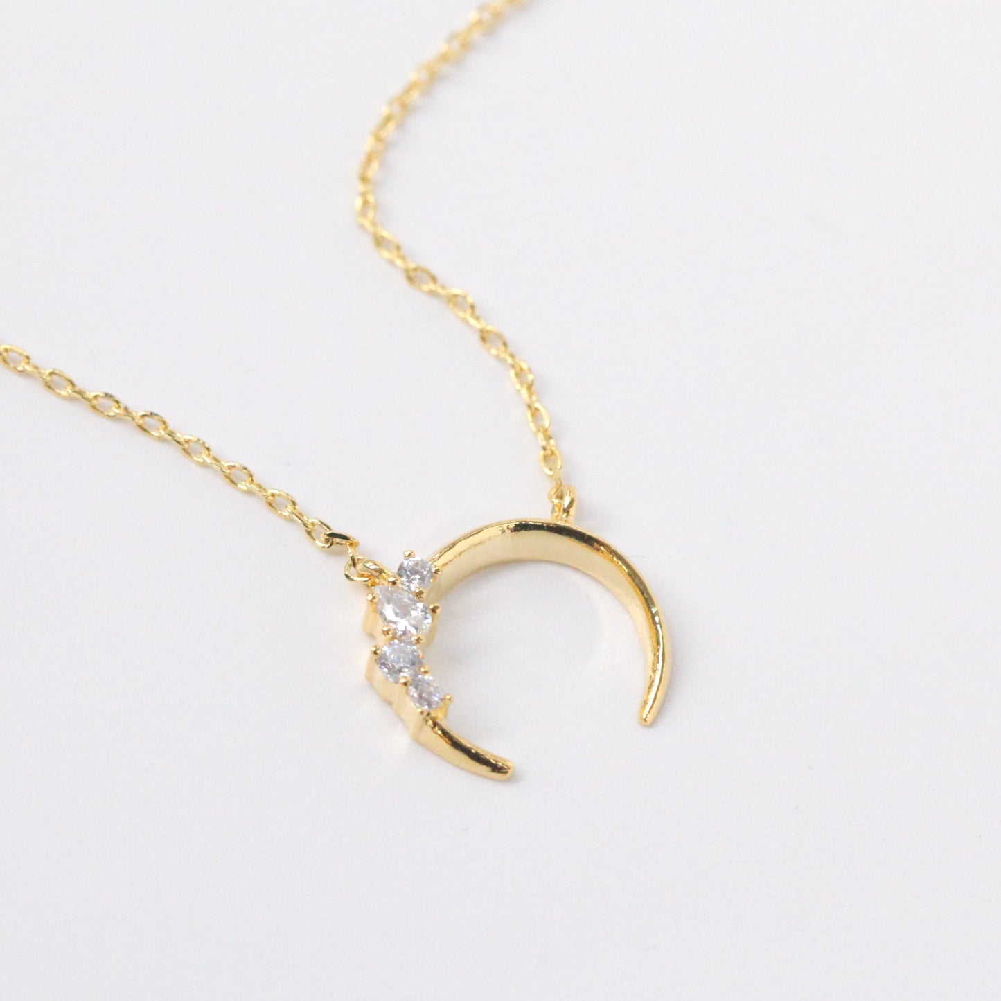 Crescent Moon Horn Cubic Zirconia Charm Necklace