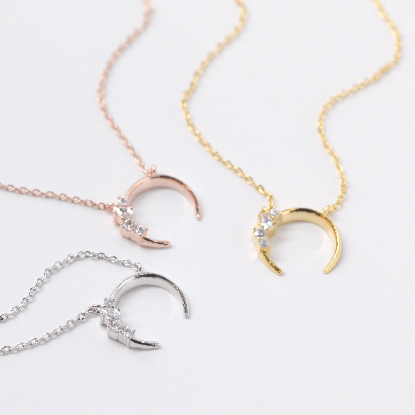 Crescent Moon Horn Cubic Zirconia Charm Necklace