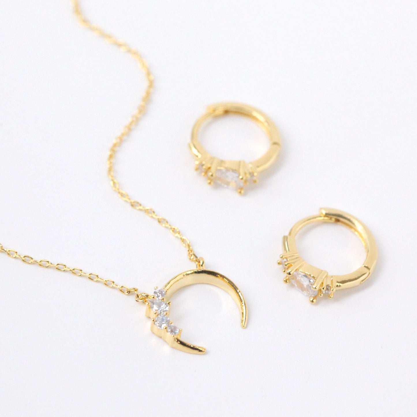 Crescent Moon Horn Cubic Zirconia Charm Necklace