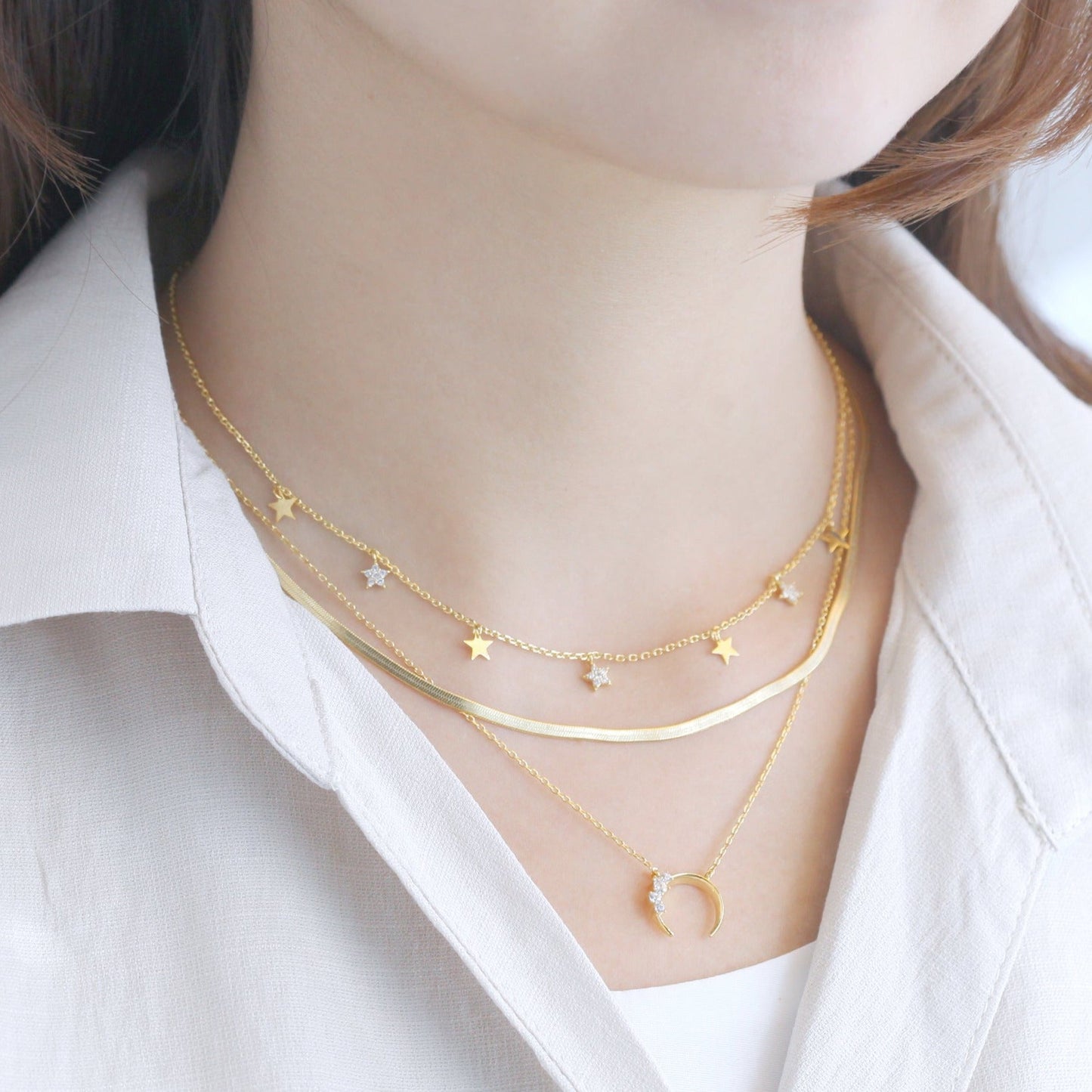 Crescent Moon Horn Cubic Zirconia Charm Necklace