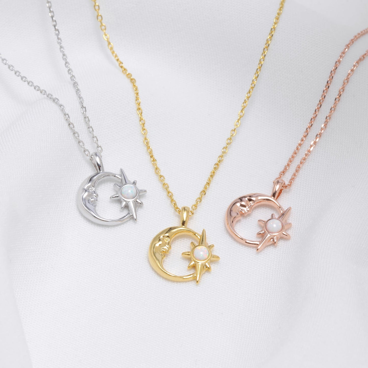 Crescent Moon Opal Burst Hollow Disc Necklace