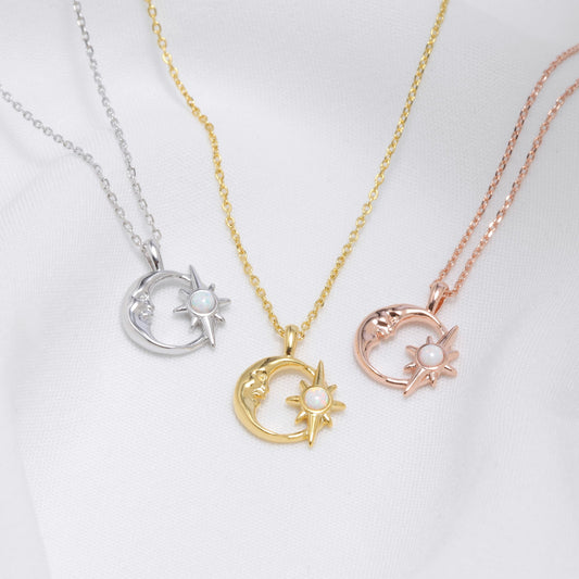 Crescent Moon Opal Burst Hollow Disc Necklace