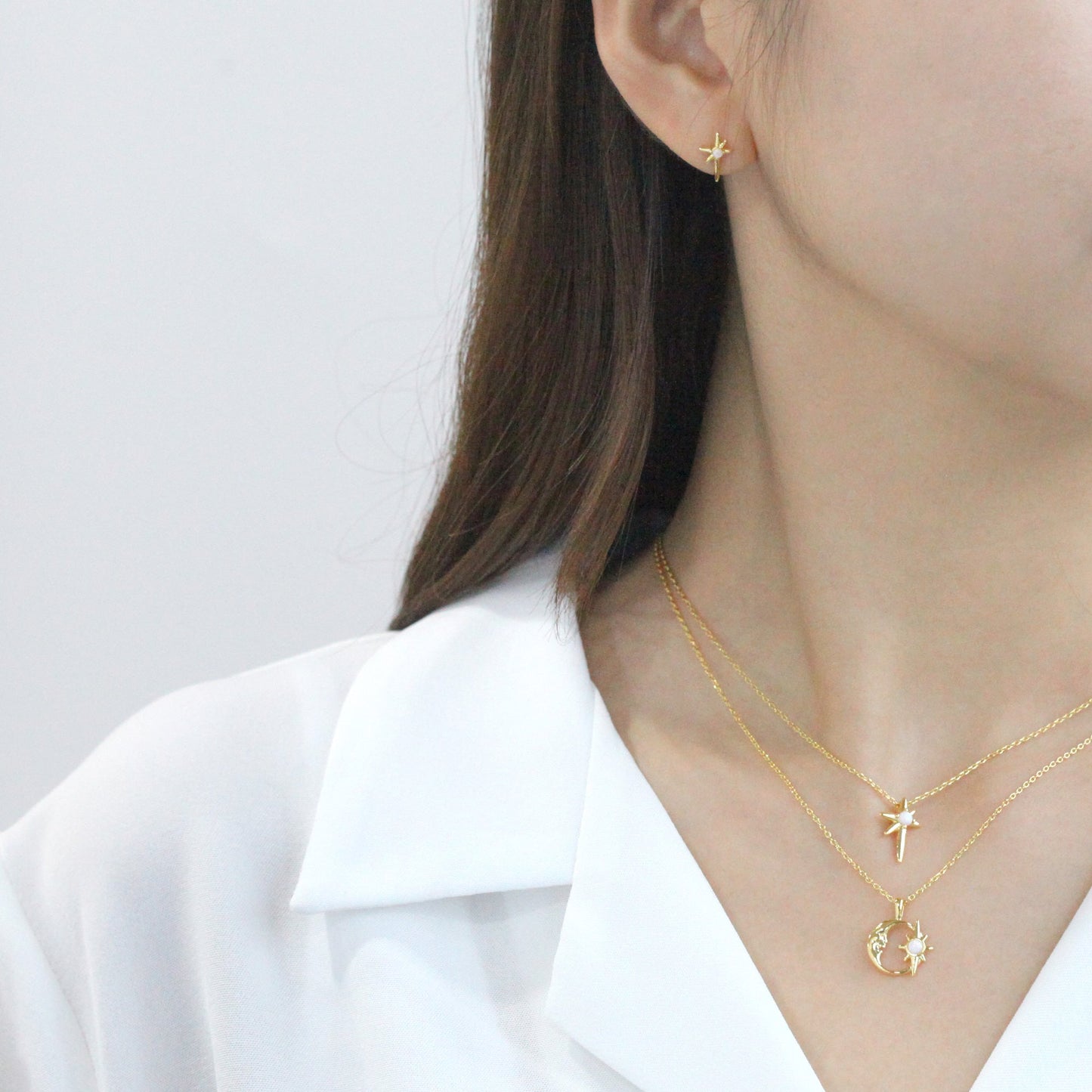 Crescent Moon Opal Burst Hollow Disc Necklace