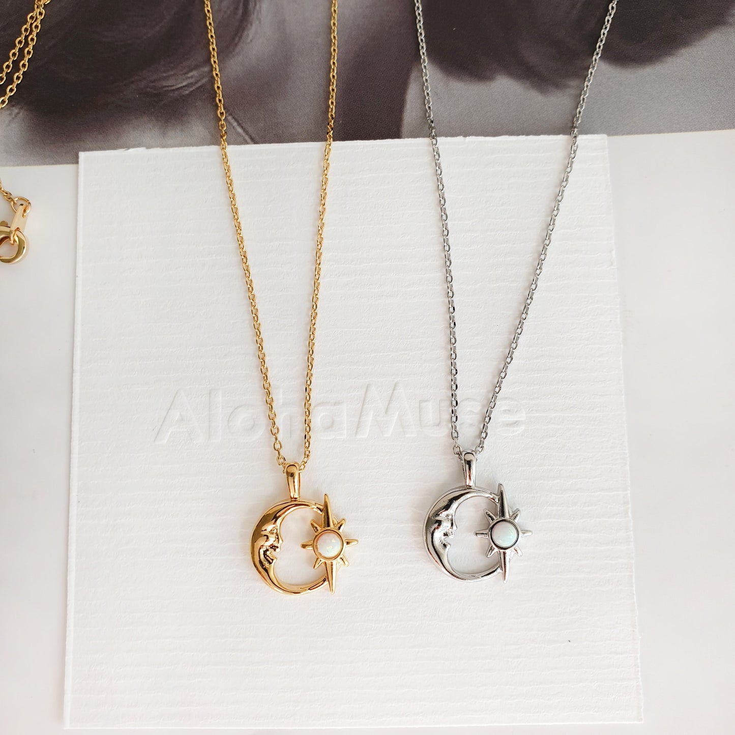 Crescent Moon Opal Burst Hollow Disc Necklace