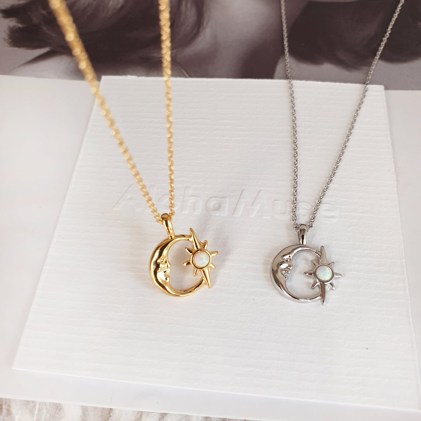 Crescent Moon Opal Burst Hollow Disc Necklace