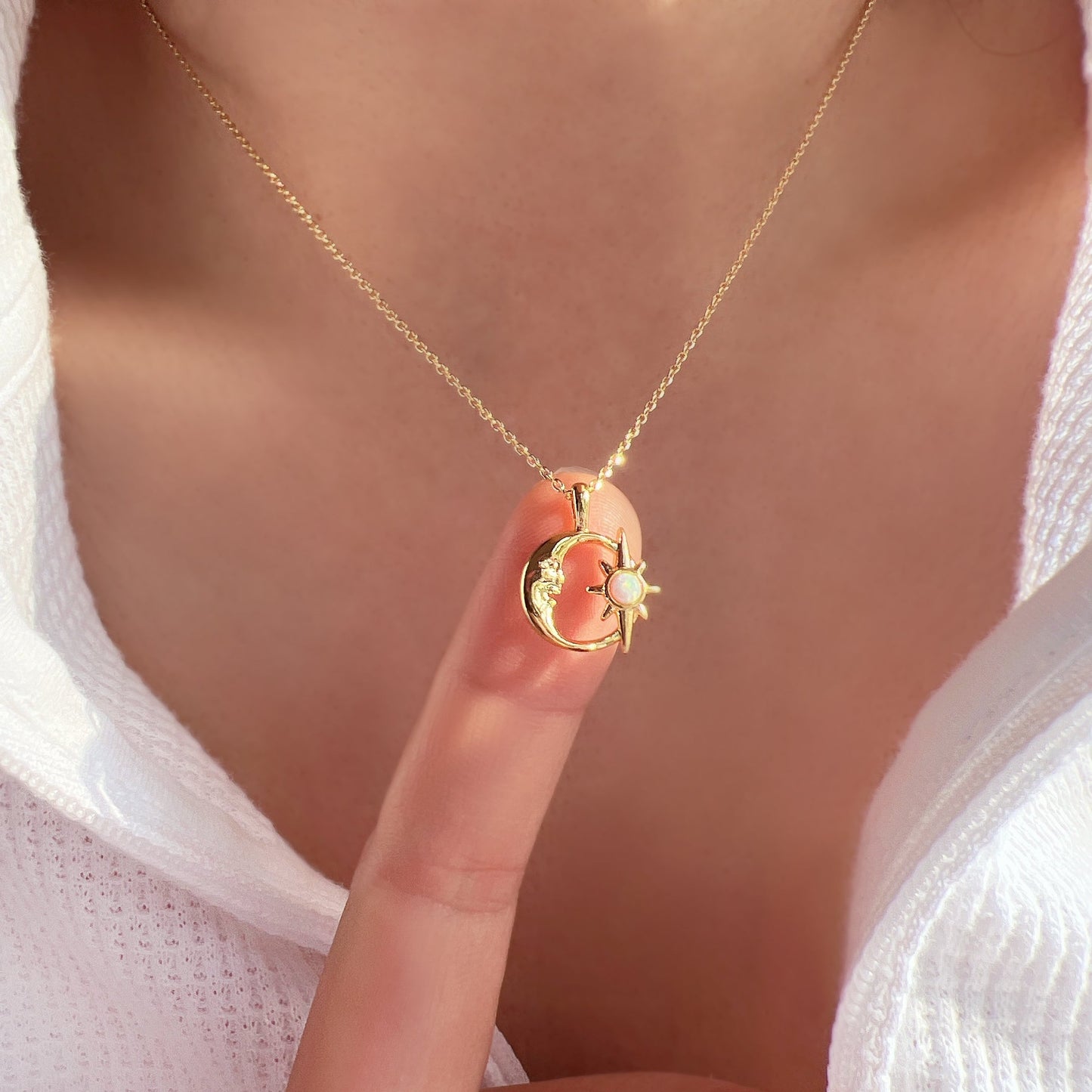 Crescent Moon Opal Burst Hollow Disc Necklace