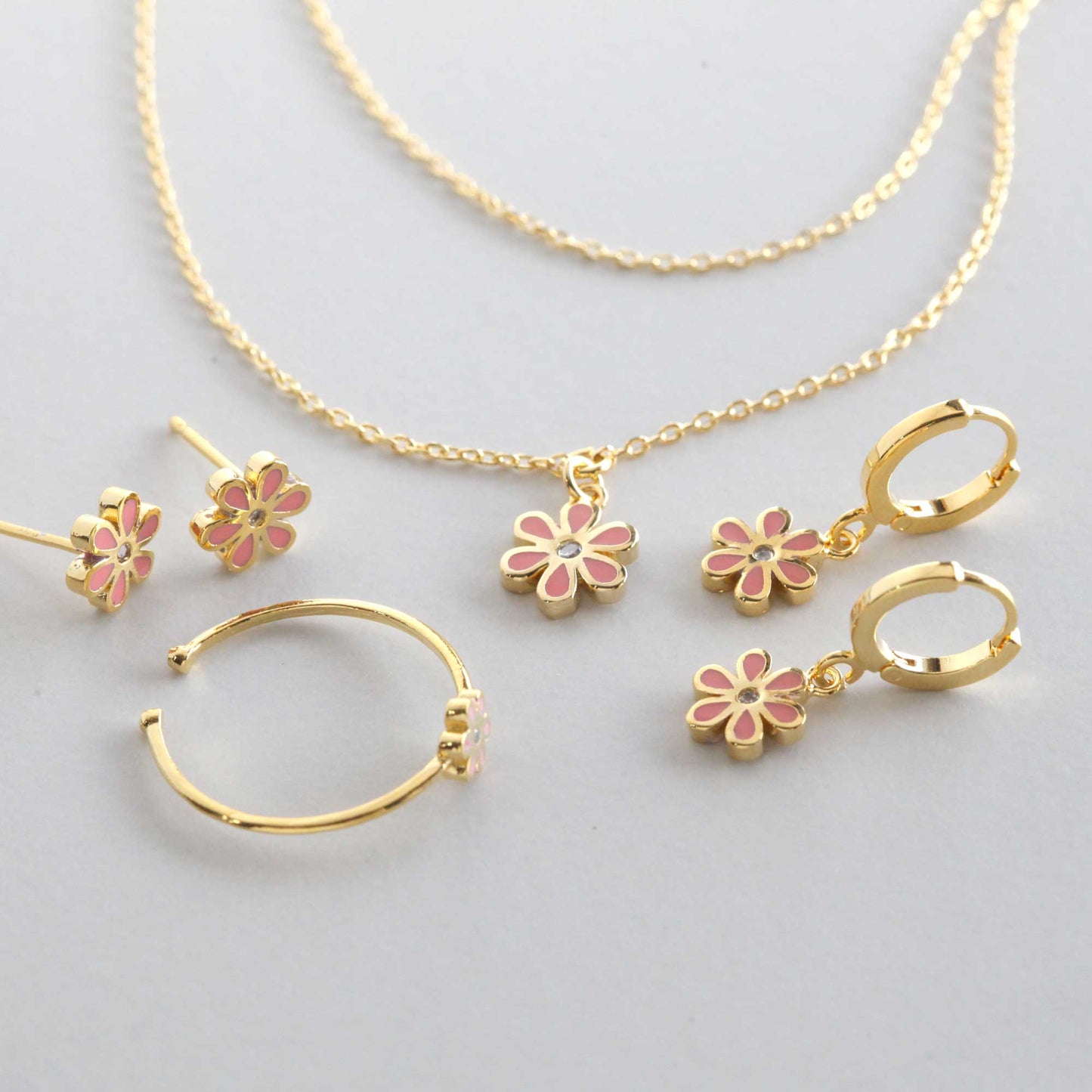 Mini Color Flower Charm 2 Chains Layered Set Necklace