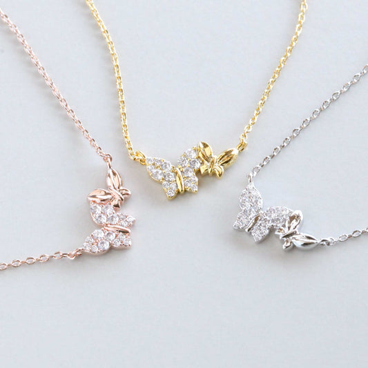 Two Butterfly Charm Necklace CZ Cubic Zirconia