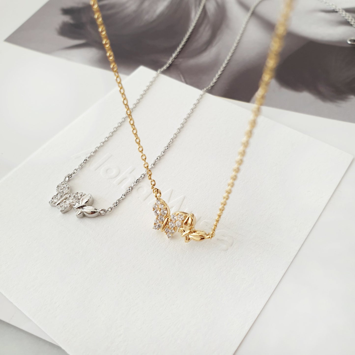 Two Butterfly Charm Necklace CZ Cubic Zirconia