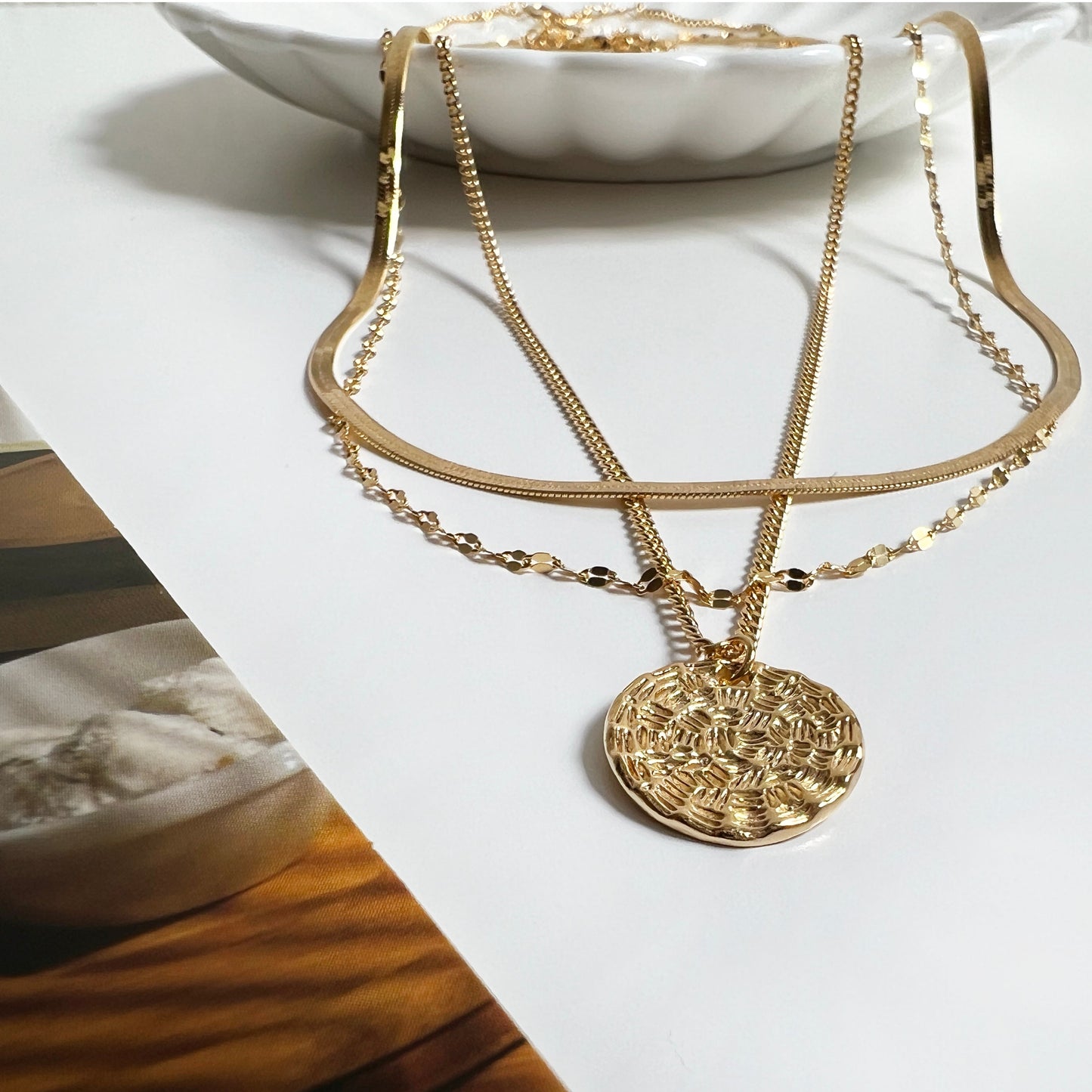 Medallion Coin Disc Charm Vine Chain Necklace