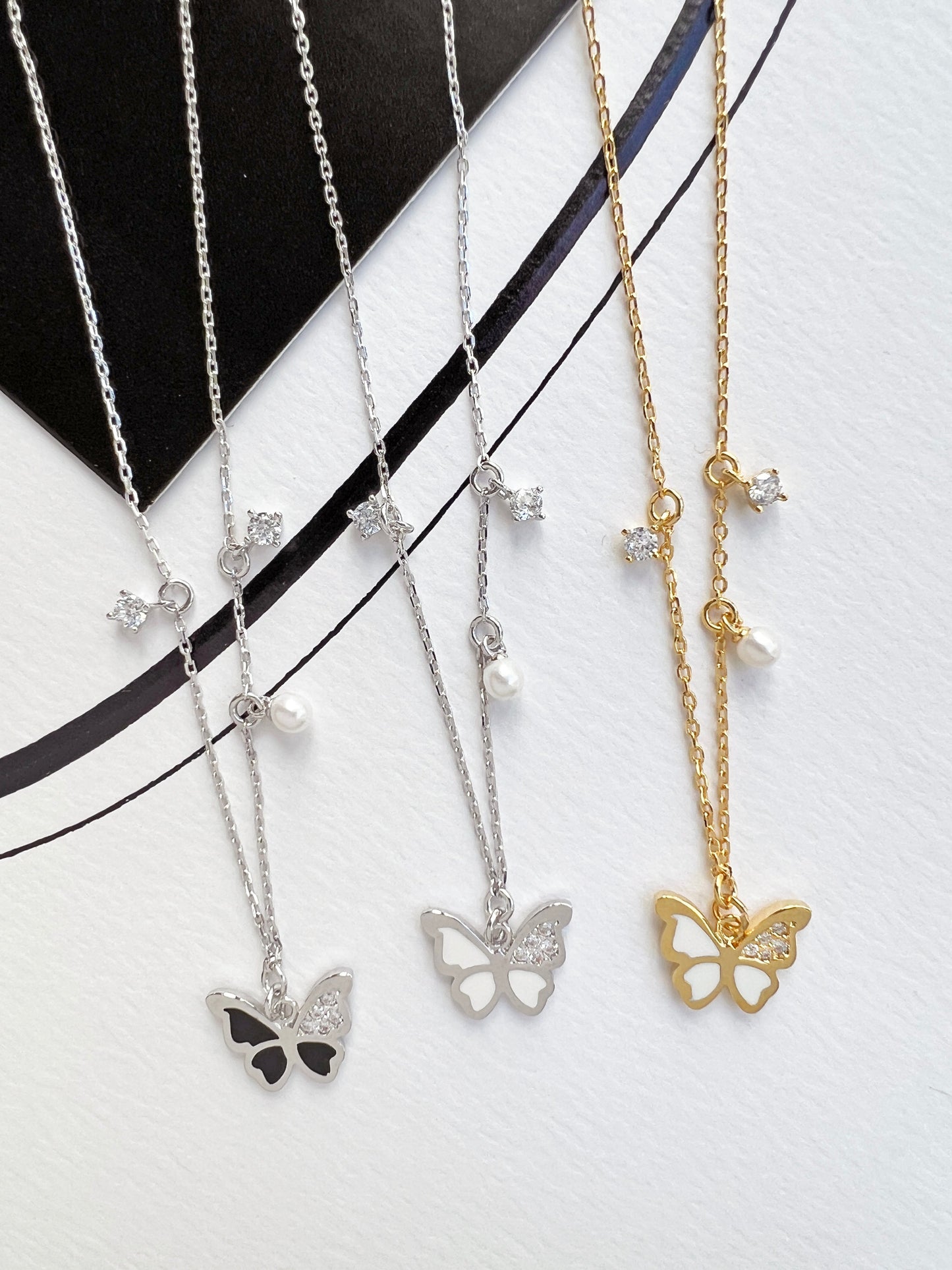 Butterfly Enamel CZ Stone Pearl Charm Necklace