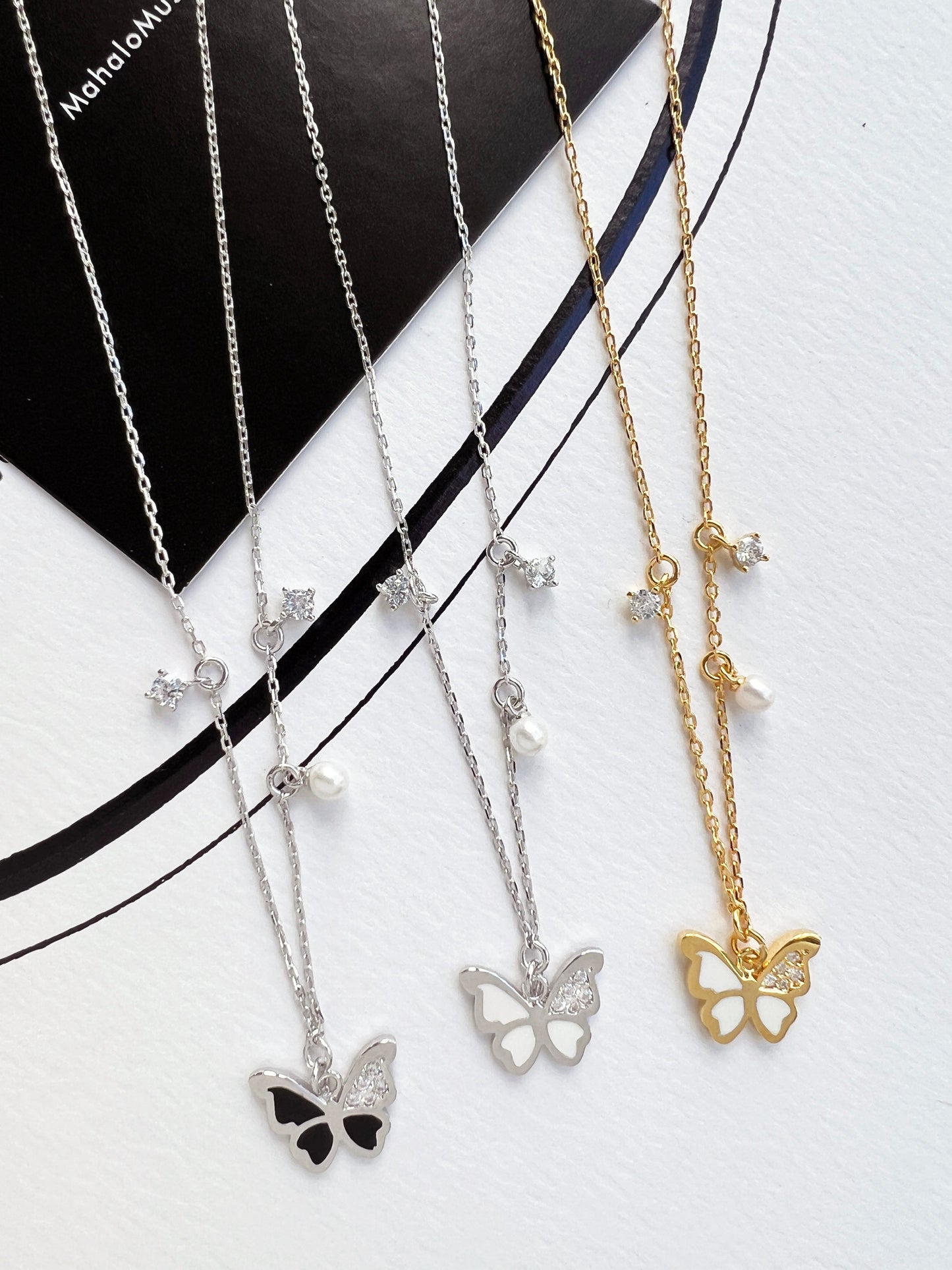 Butterfly Enamel CZ Stone Pearl Charm Necklace