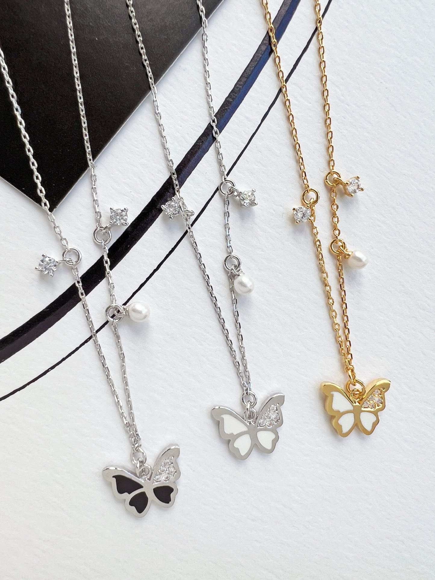 Butterfly Enamel CZ Stone Pearl Charm Necklace