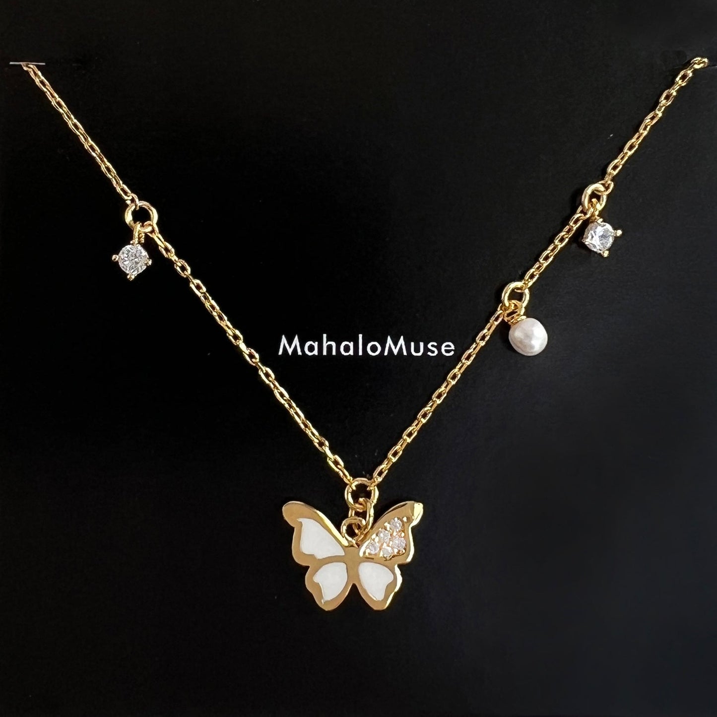 Butterfly Enamel CZ Stone Pearl Charm Necklace
