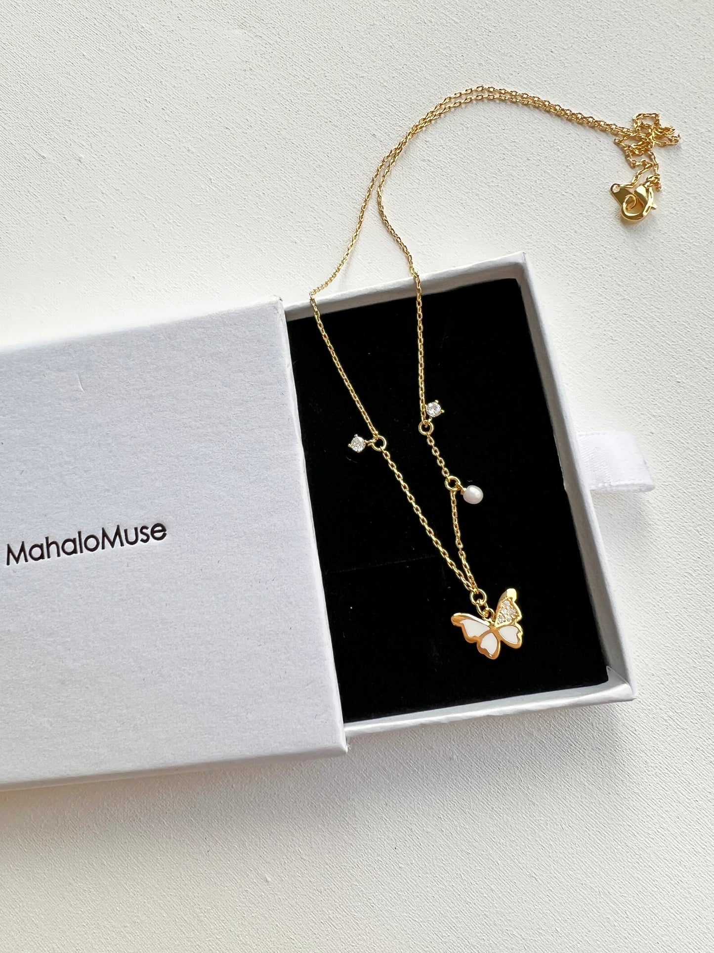 Butterfly Enamel CZ Stone Pearl Charm Necklace