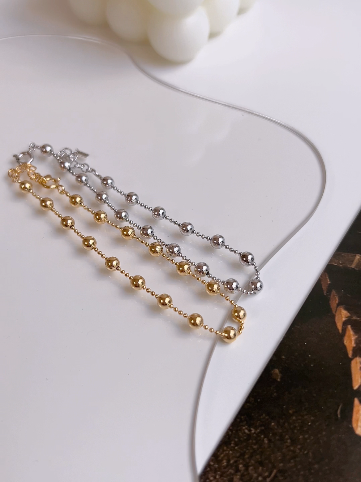 Ball Bead Station Solid 925 Silver 14k Gold Bracelet