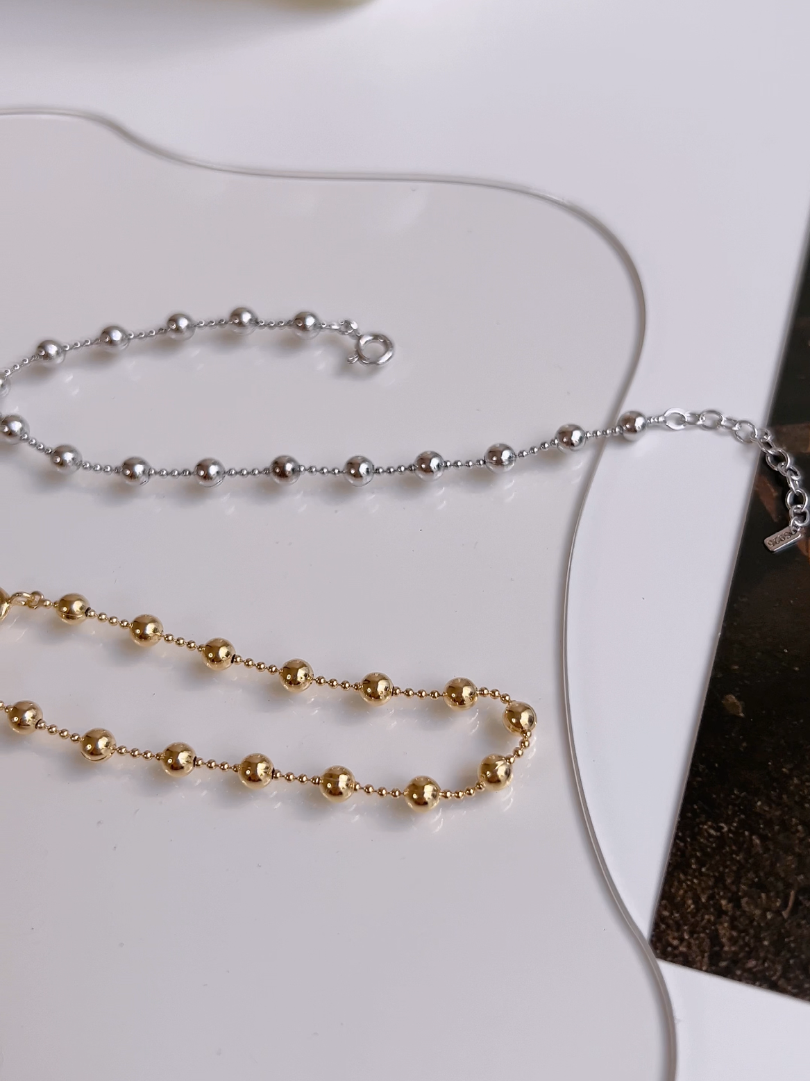Ball Bead Station Solid 925 Silver 14k Gold Bracelet