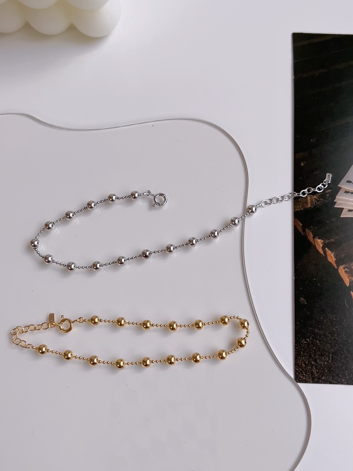 Ball Bead Station Solid 925 Silver 14k Gold Bracelet