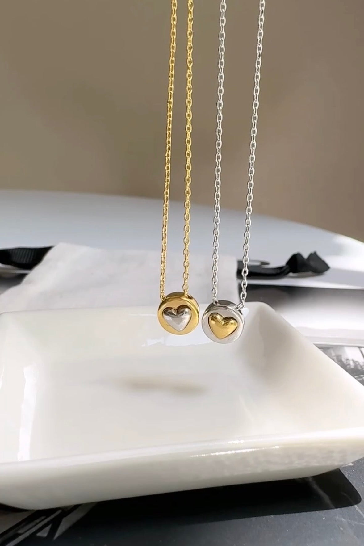 Two Tone Heart Tiny Disc Pendant Necklace
