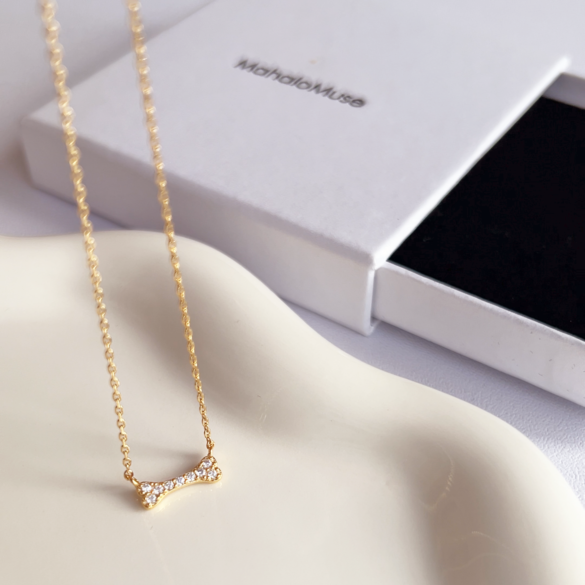 Mini Dog Bone Small Pendant All Cubic Zirconia Necklace