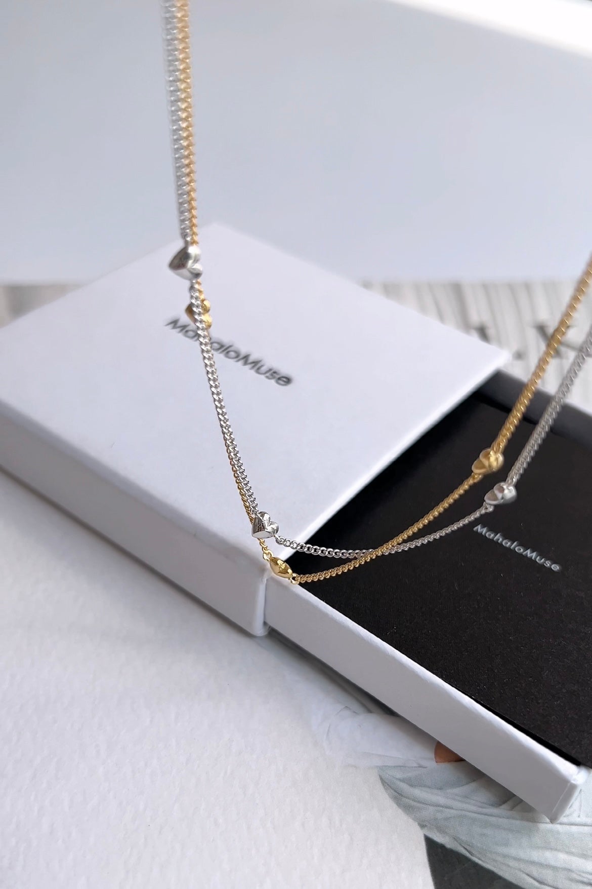 Mini Heart Station Vine Chain Necklace Solid Silver