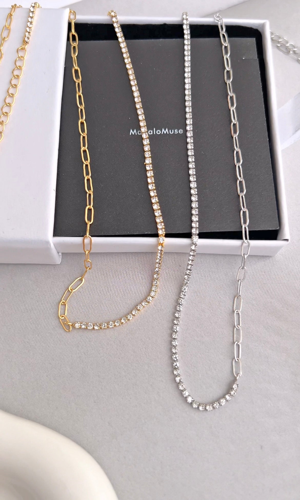 Half CZ Tennis Half Mini Paperclip Chain Necklace