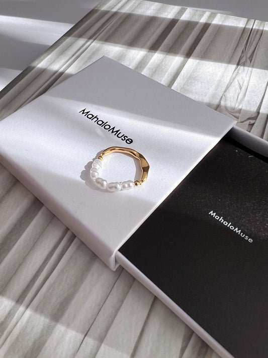 Half Gold Band Half Pearl Beaded Stretch Ring