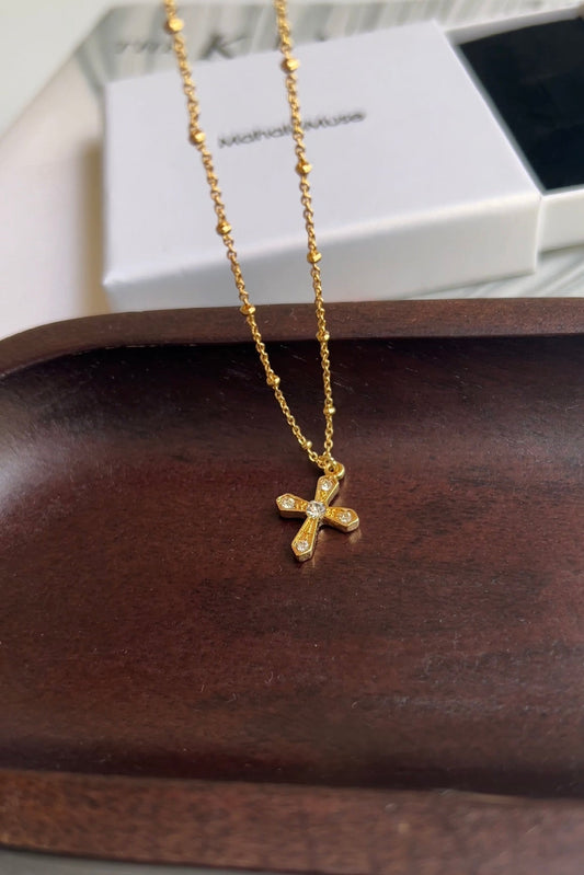 Cross CZ Dot Ball Bead Station Chain Necklace
