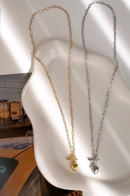 Puff Heart T Bar Toggle Closure Pendant Necklace