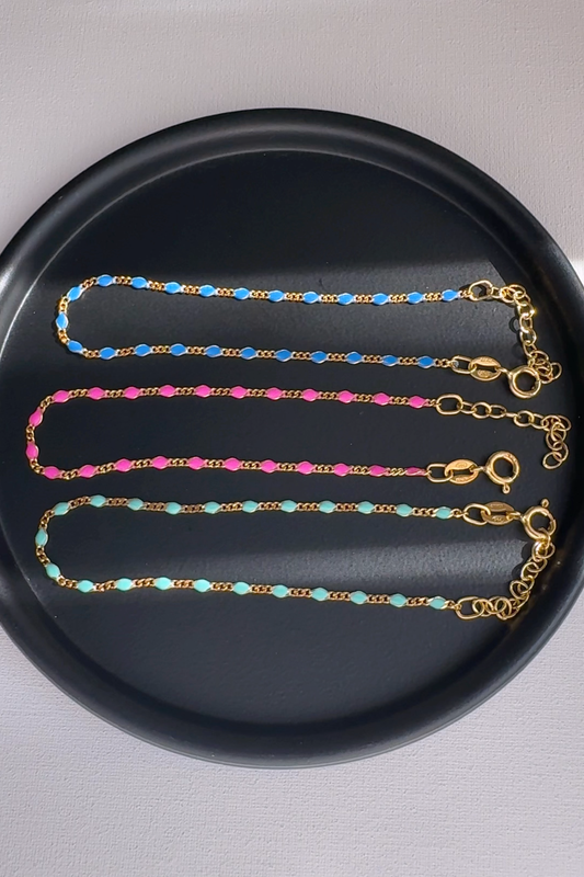 Color Enamel Bead Station Chain Bracelet Solid Silver