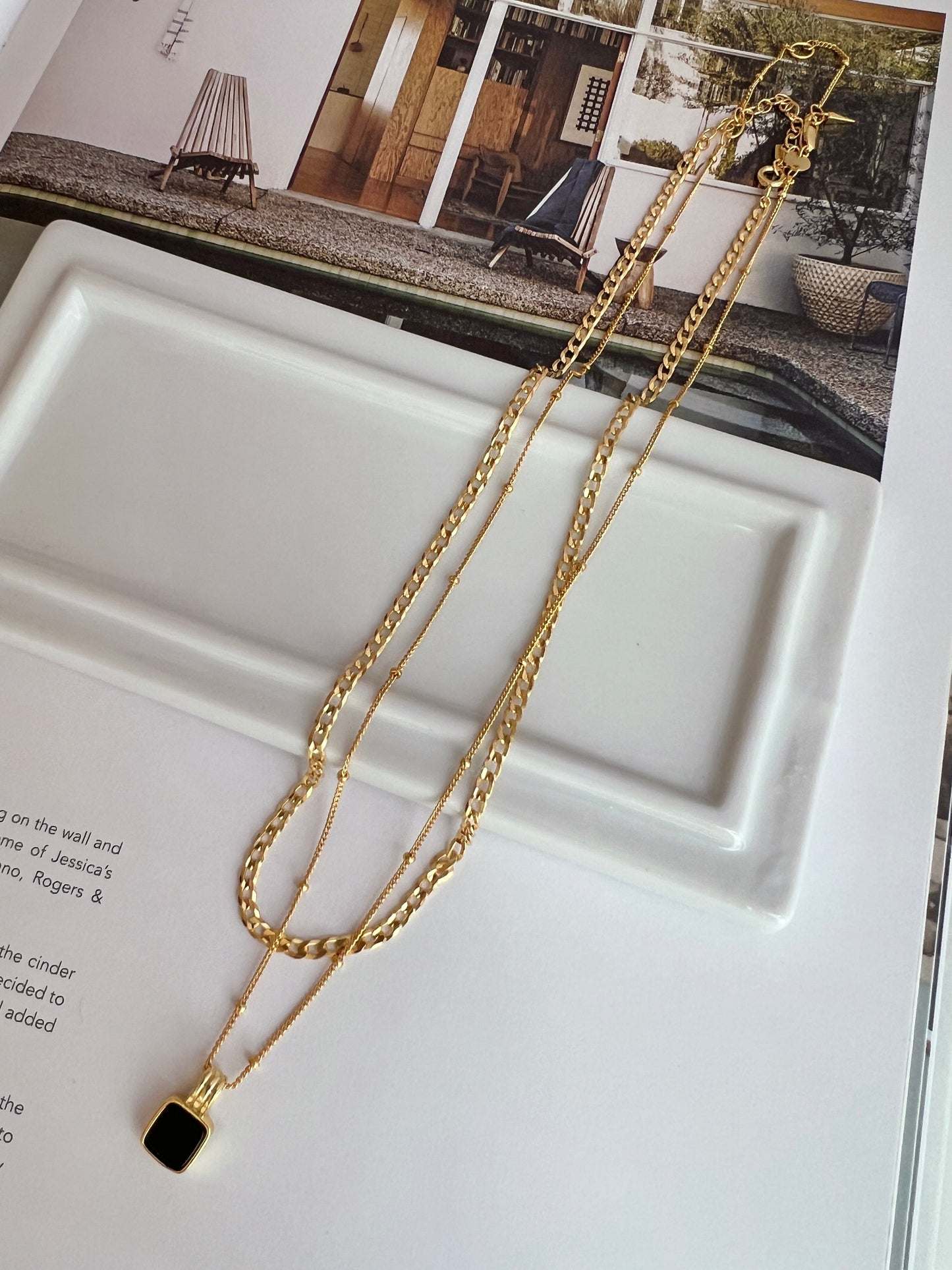 Onyx Black Square Pendant Station Ball Chain Necklace