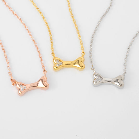 Mini Dog Bone Pendant Cubic Zirconia Necklace