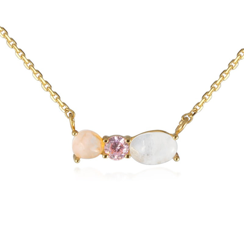 Gemstone Pink Cubic 3 Studs Bar Pendant Necklace