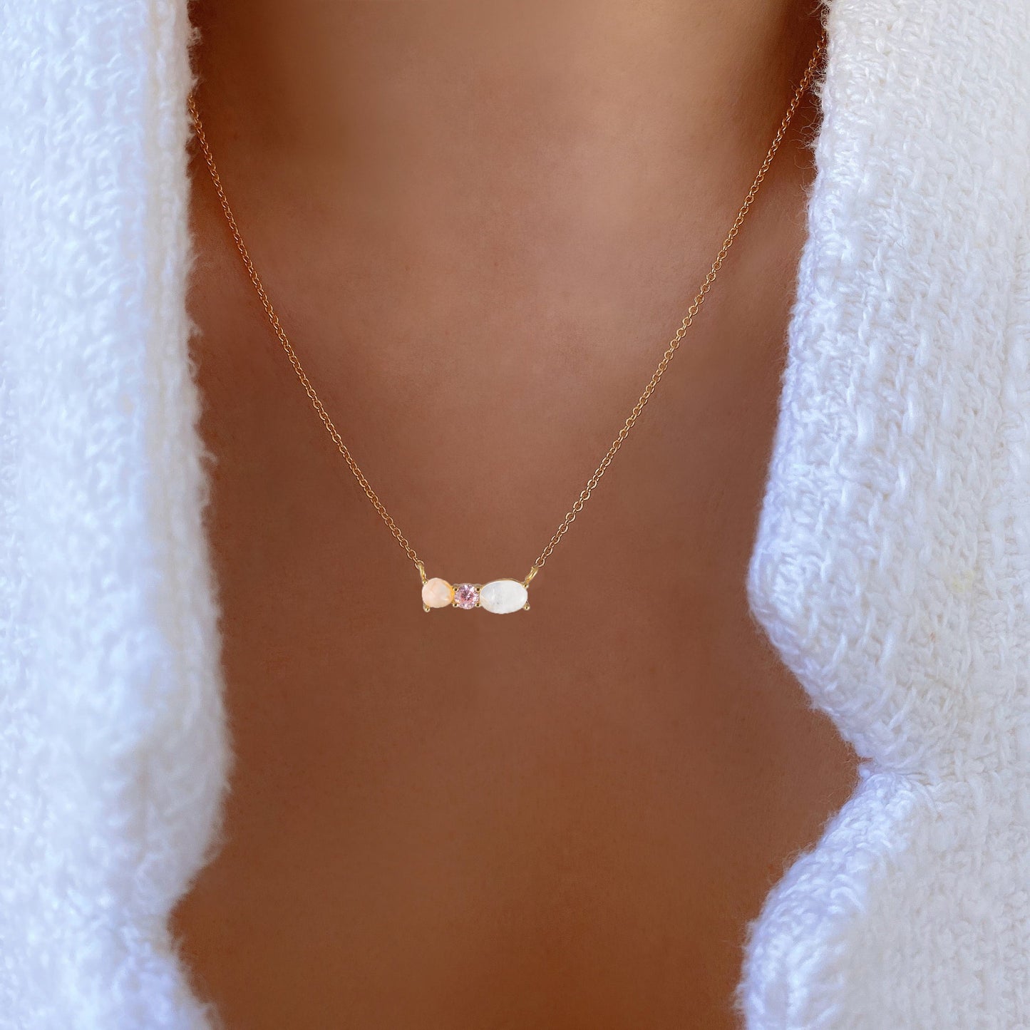Gemstone Pink Cubic 3 Studs Bar Pendant Necklace