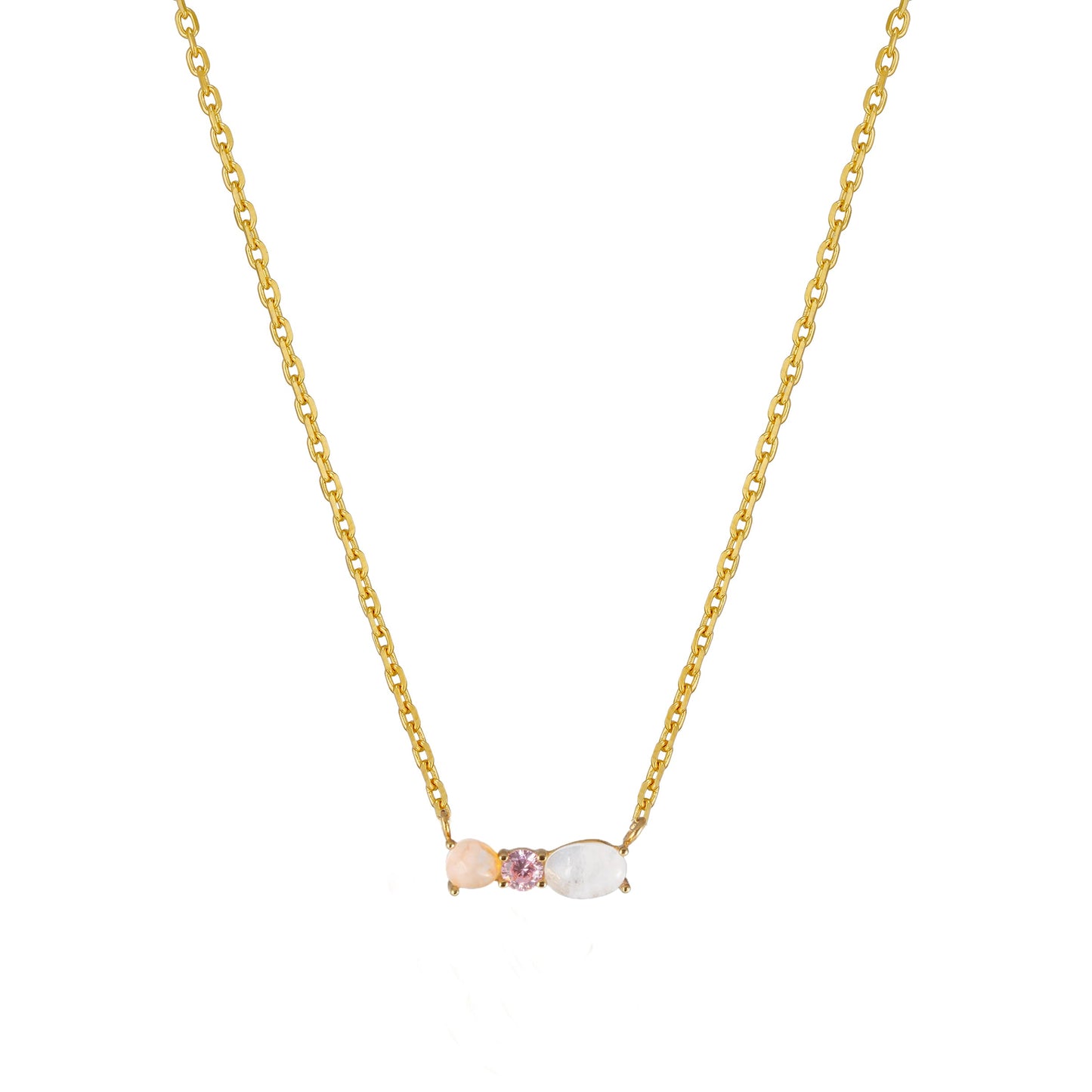 Gemstone Pink Cubic 3 Studs Bar Pendant Necklace