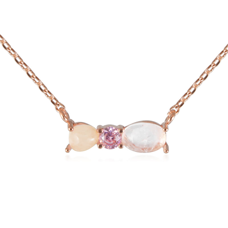 Gemstone Pink Cubic 3 Studs Bar Pendant Necklace