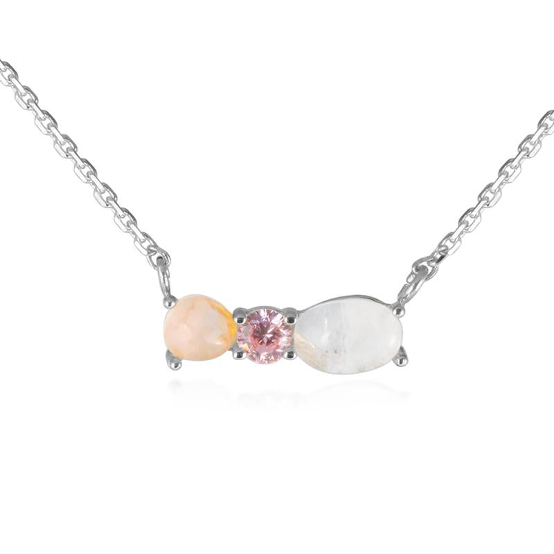 Gemstone Pink Cubic 3 Studs Bar Pendant Necklace