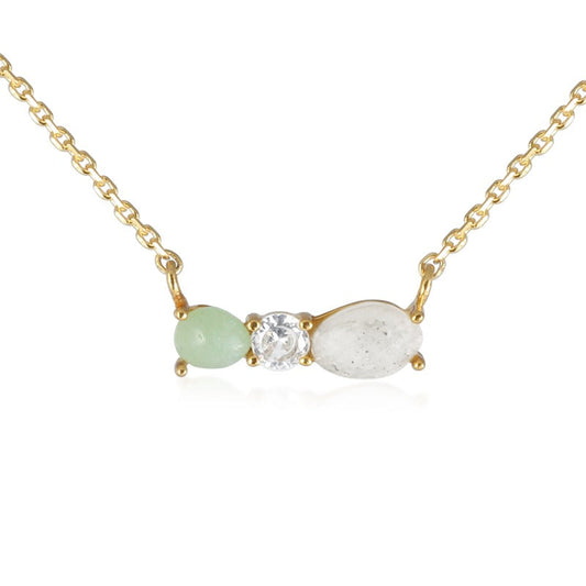 Gemstone Green Cubic 3 Studs Bar Pendant Necklace