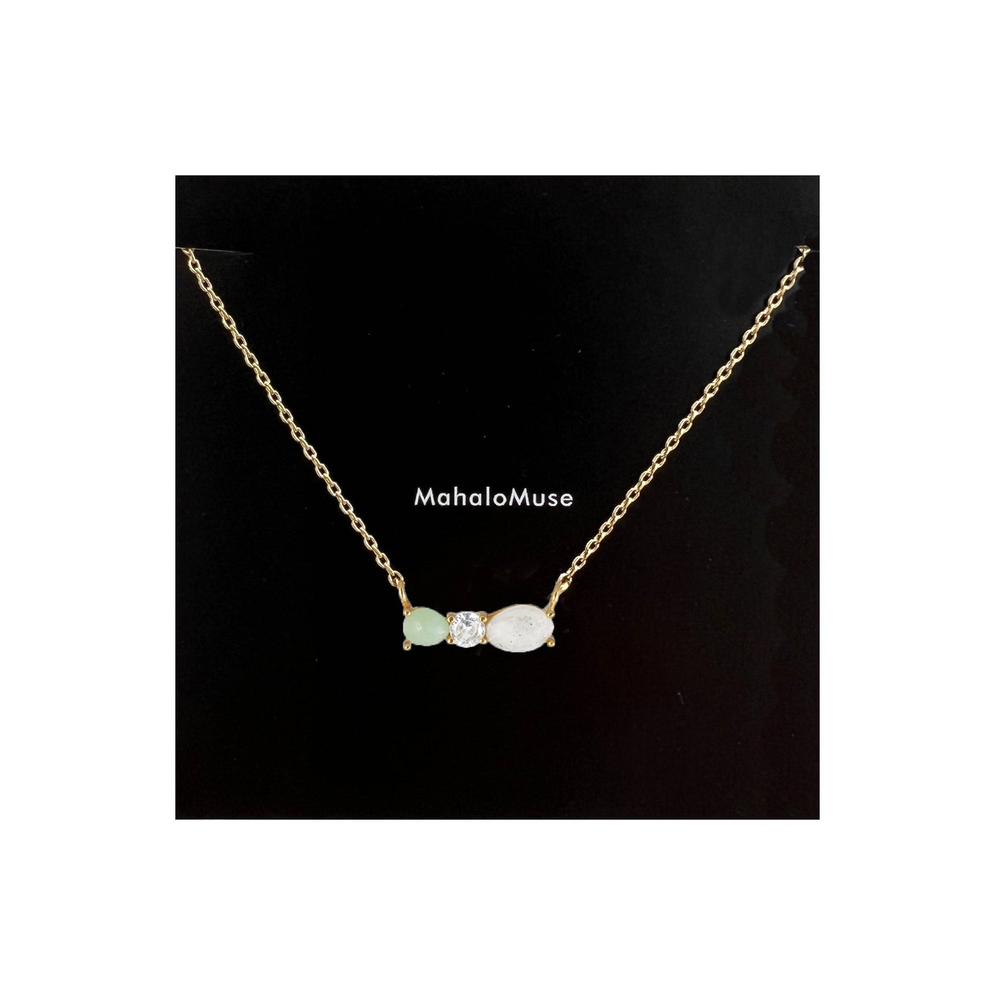 Gemstone Green Cubic 3 Studs Bar Pendant Necklace