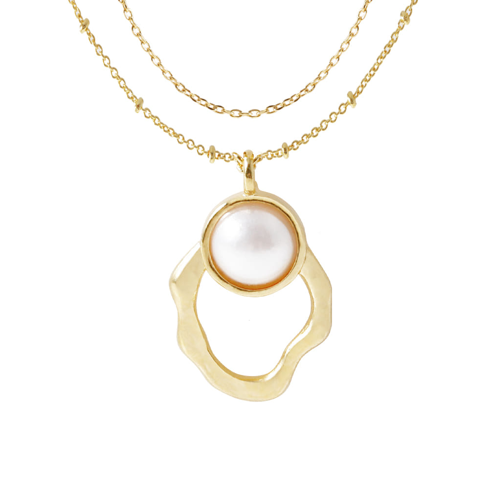 2 Chain Hollow Oval Pearl Necklace